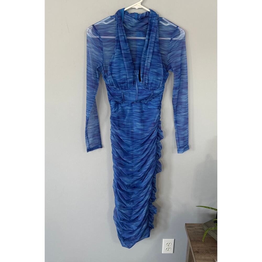 AKIRA Aqua Babe Blue Mesh Ruched Midi Dress Size Small - Picture 6 of 16
